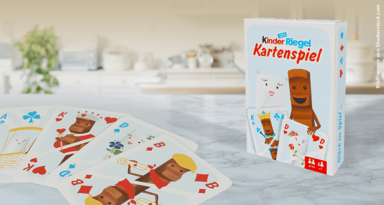 Karten und Faltschachtel des Kartenspiels mit Milky und Schoki von Ferrero